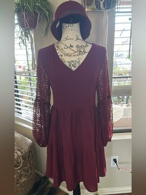 & Other Stories Burgundy Lace-Sleeve V-Neck Dress